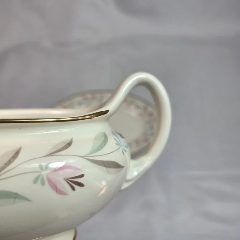 Homer Laughlin Nantucket Gravy Boat with Underplate Pink & Blue Flowers